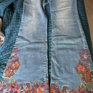 INC International Concepts Blue Jeans with Colorful Floral Embroidery & Beading